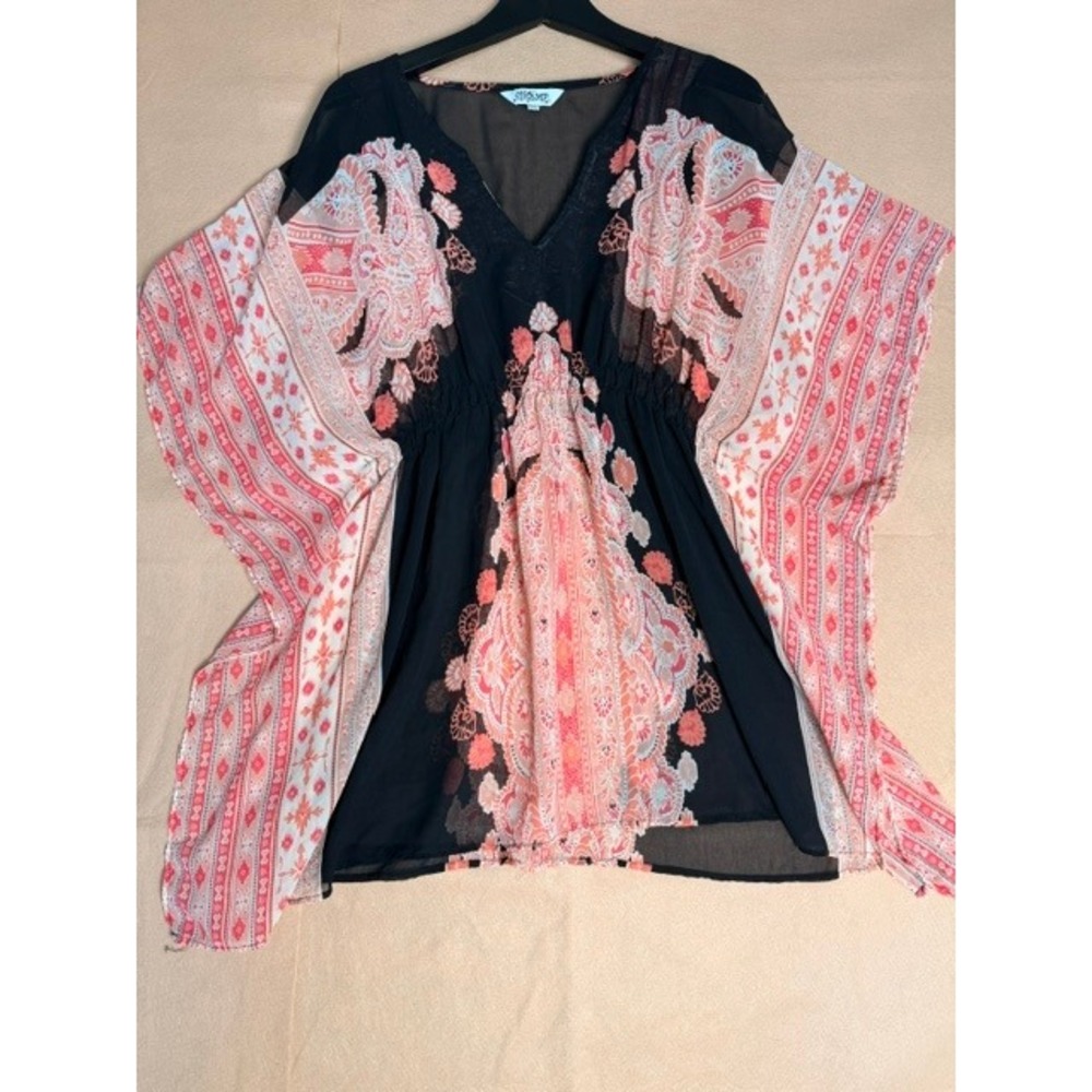 Tramp by Sundance 1X Boho Tunic Dress Black Pink Paisley Empire Waist